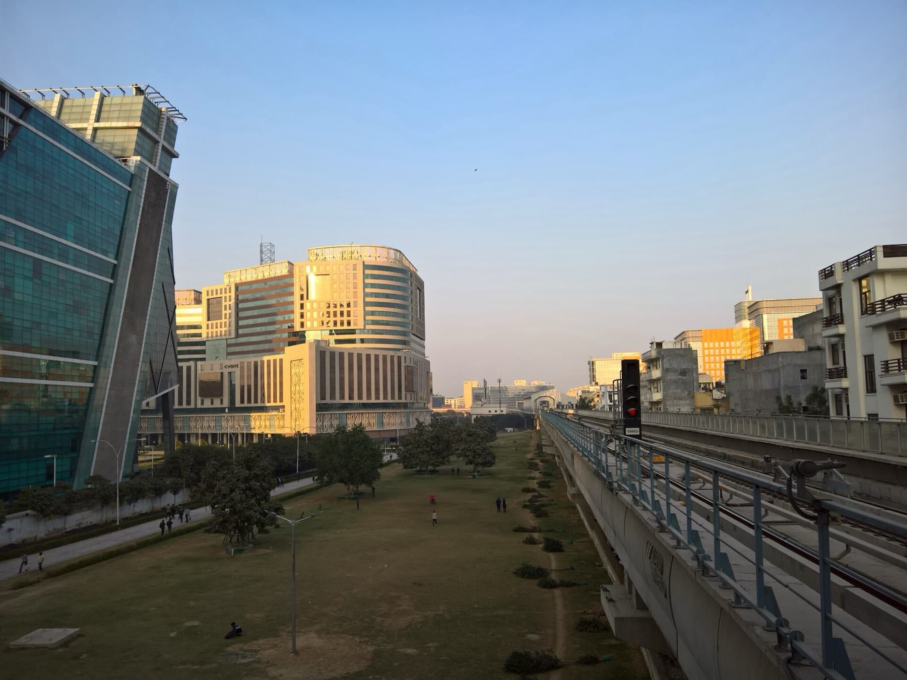 Office towers of DLF Cyber City beside the Rapid Metro line, Gurugram