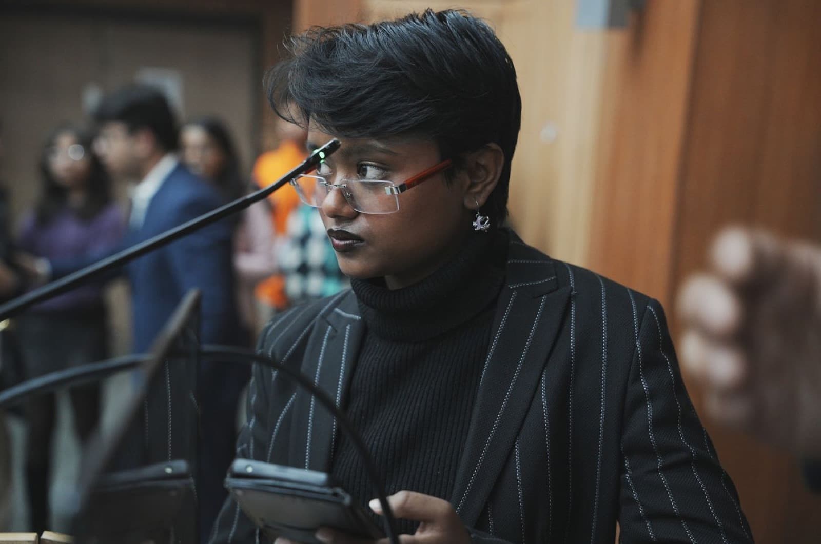 A debater at the microphone mid-round
